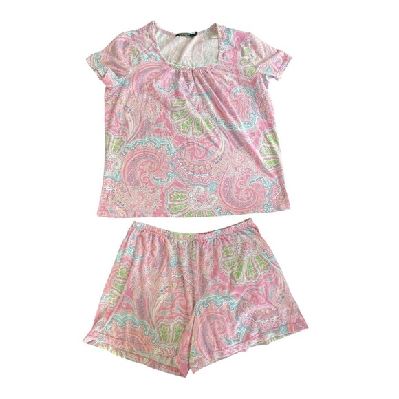 Lauren Ralph Lauren 2PC Pajama Set Womens Pink Floral Paisley Top Shorts Sz M - Picture 2 of 10